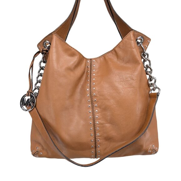 Michael Kors Leather Astor Tote Bag Tan Brown Shoulder Bag 2 Straps Studded 15" - Picture 5 of 13